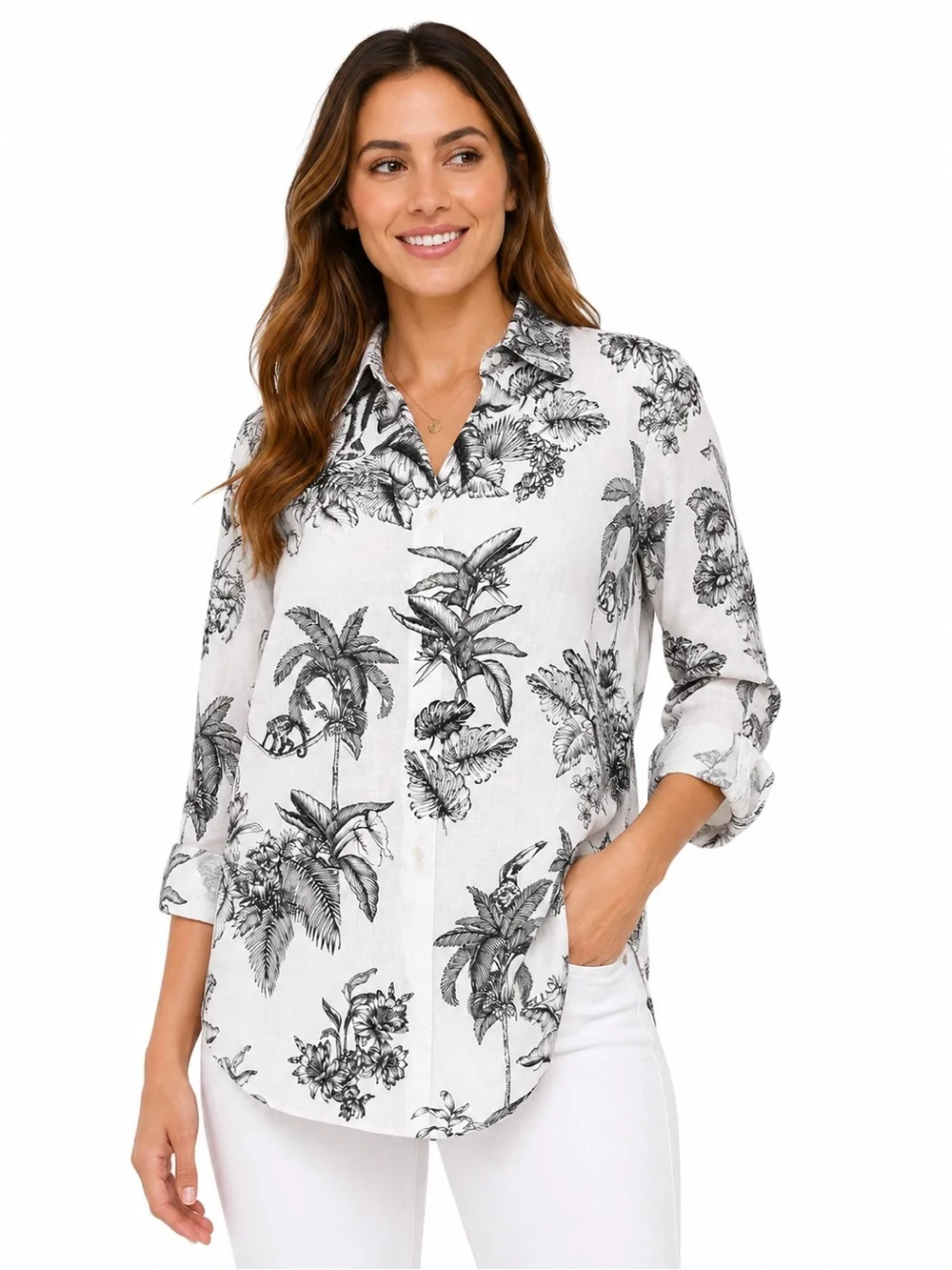 Tommy Bahama Womens Large Linen Shirt Toile Of The Wild Black White Long Sleeve